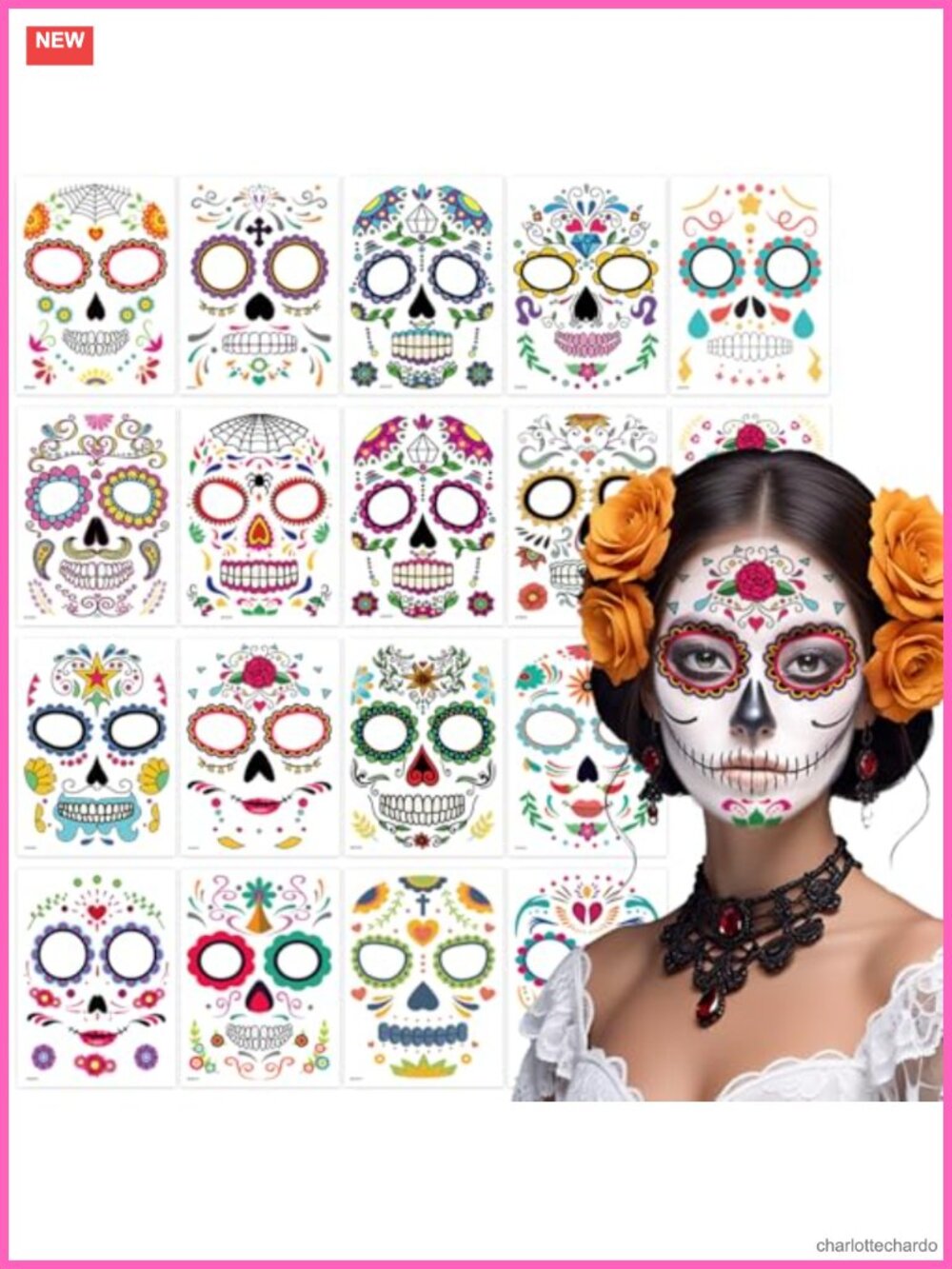 18 Pack Day of the Dead Face Tattoos Sugar Skull Catrina Makeup Kit Temporary